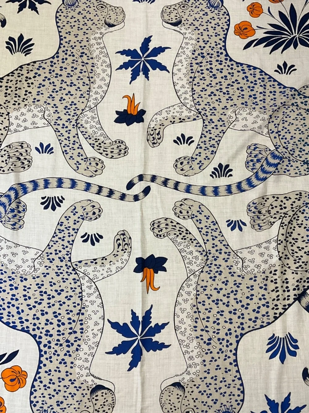 HERMES NATURAL / BLUE / ORANGE LES LEOPARDS LARGE CASHMERE AND SILK SCARF